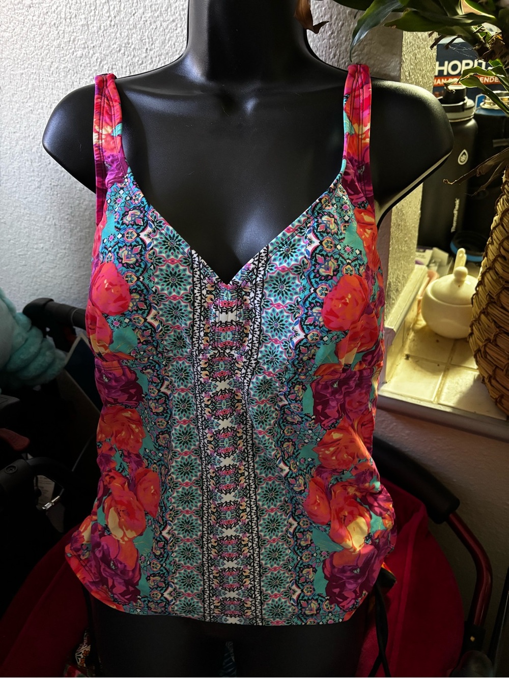Jantzen Floral Mosaic Swim Top- Teal, Pink & Orange